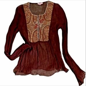 Stella Forest Paris Womens Sheer BOHO Chic Blouse Sz T1/S/36 Beaded Bib #232K
